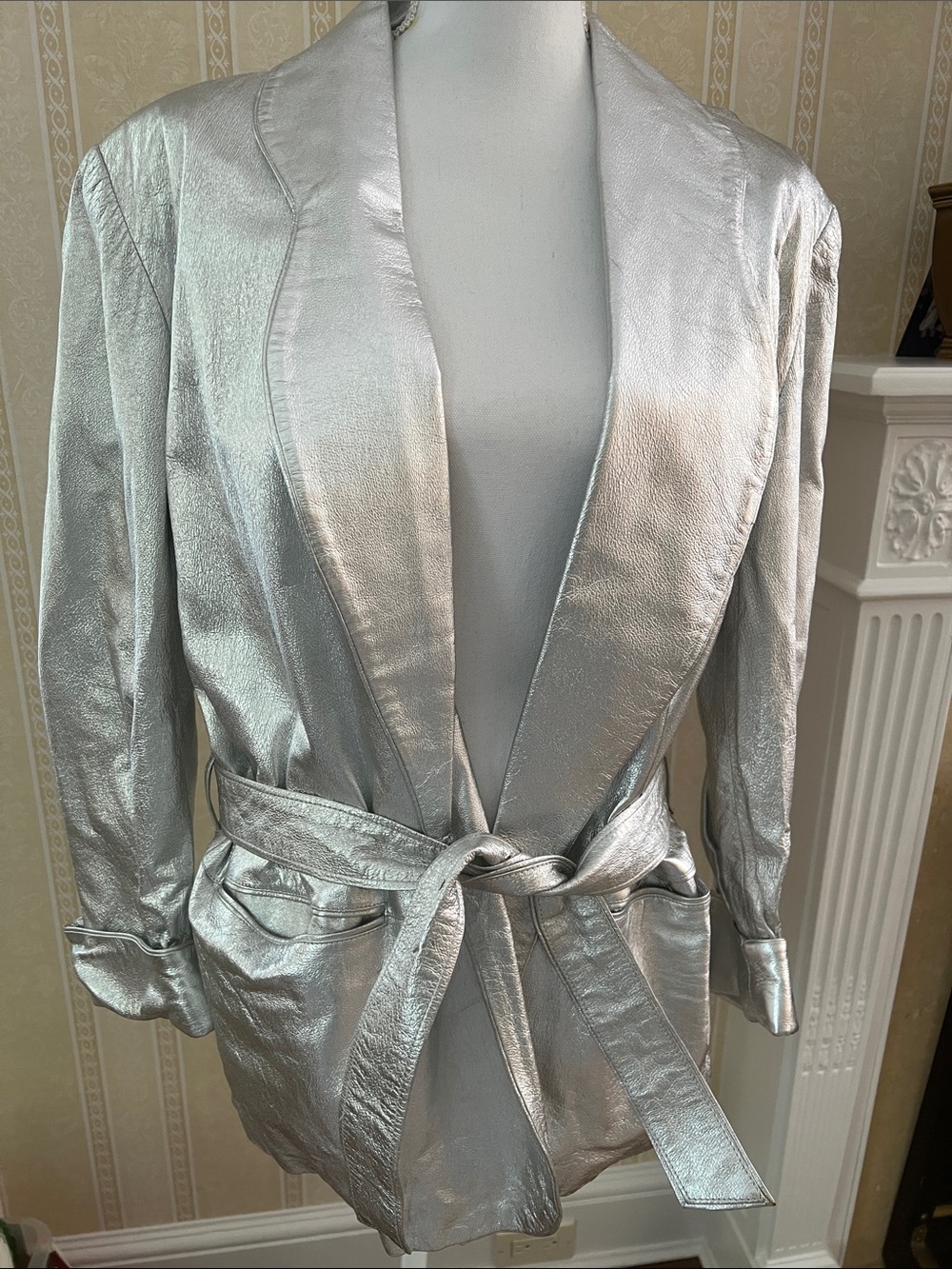 Vintage Carlos Falchi Silver Metallic Leather Belted Jacket